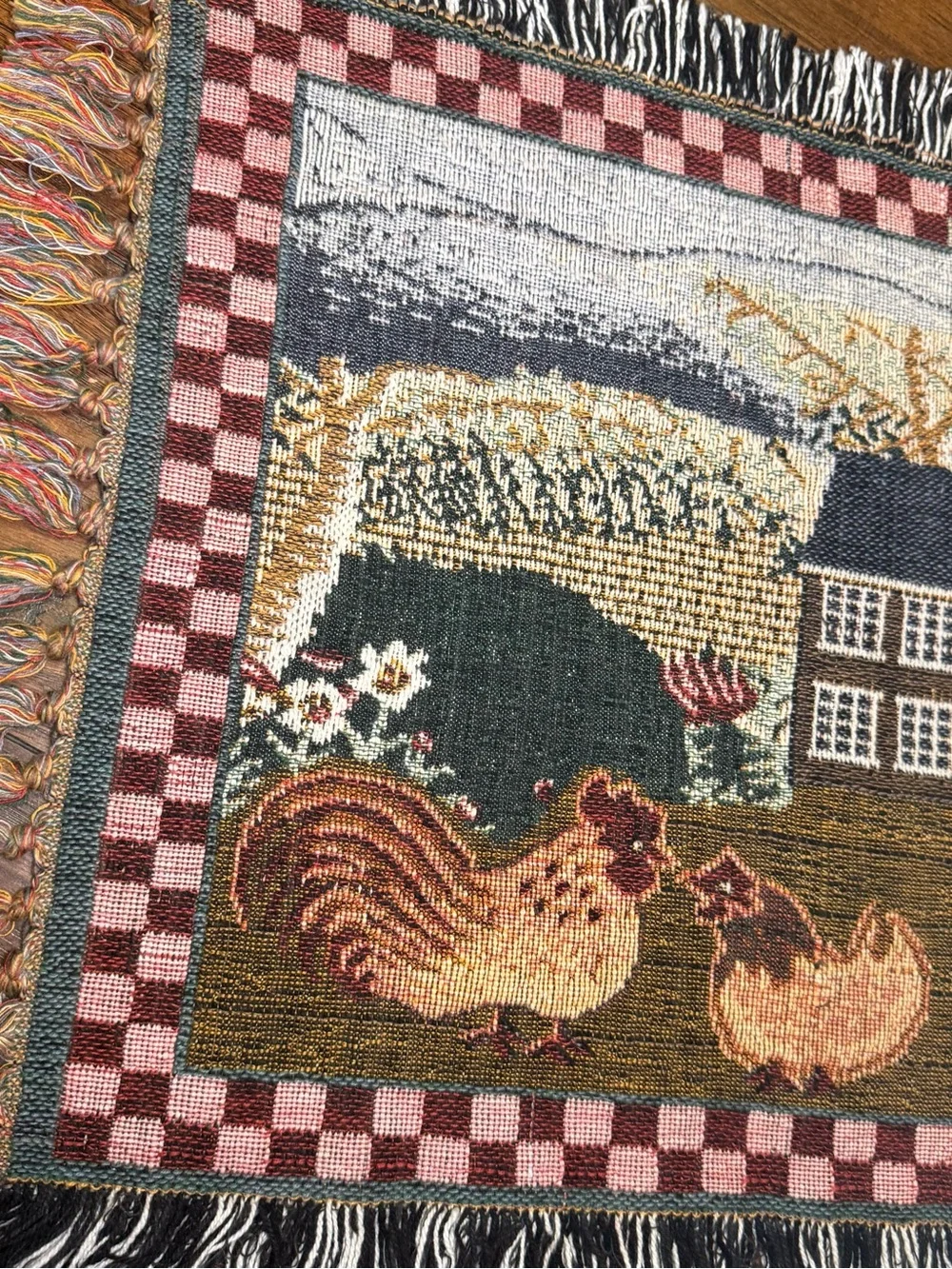 Cottagecore Farmhouse Rug Woven Folk Art Sheep Chicken Rustic Heritage Grandma